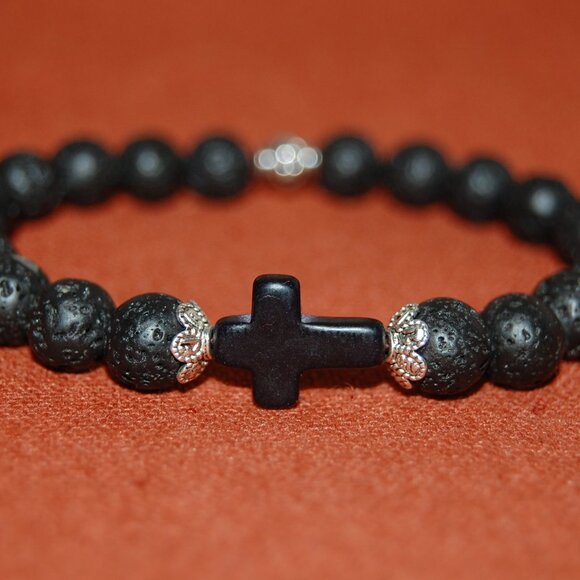 Cross Bracelet,Lava Bracelet,Cross Lava Stone Bracelet,Drawstring Bracelet - Picture 1 of 2